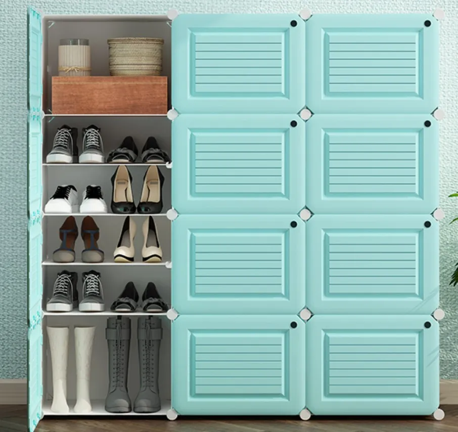 Multi Layers Shoes Storage Cabinet Blue Stripe Plastic Metal Frame Strong Shoe Shelf Dustproof Large Capacity Rack B506