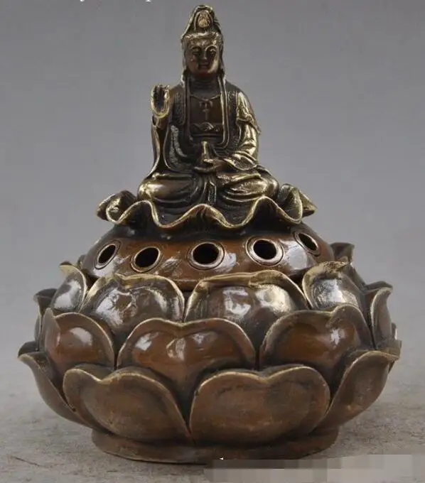 

S03615 marked Chinese Buddhism bronze seat lotus Kwan-Yin statue incense burner Censer (B0413)