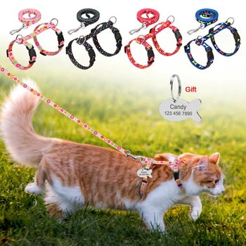 

Nylon Cat Puppy Harness Customized Printed Walking Cat Kitten Vest Pet Traction Harness Leash Set With Free Engraved ID Tag Pink