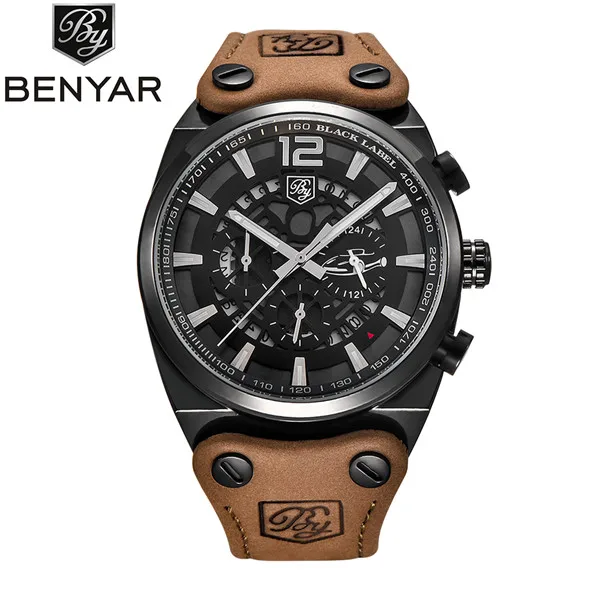 BENYAR хронограф спортивные мужские часы модный бренд военный водонепроницаемый кожаный ремешок кварцевые часы Relogio Masculino - Цвет: black white B