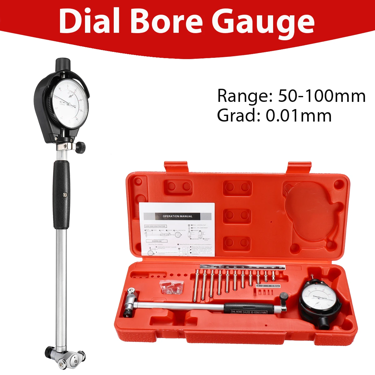 

50-100mm Grad 0.01mm Measuring Indicator Resolution Tool Steel+ABS Range Dial Bore Gauge Movable Probe/Changeable Durability