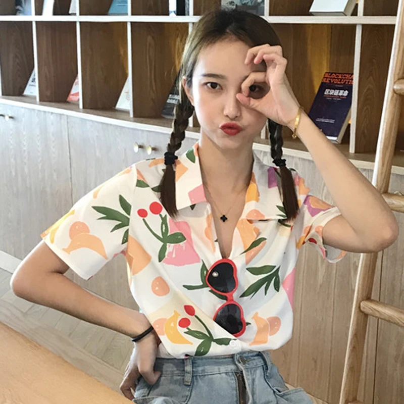 

Summer Colorful Print Blusas Mujer De Moda 2019 Korean High Fashion Women Tops with Notched Designer Blouses Woman Shirt