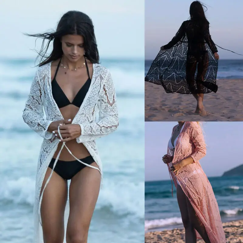 

2019 Summer Women Long Sleeve Open Front Lace Cardigan Tops Blouse Beach Dress Bikini Cover-Ups