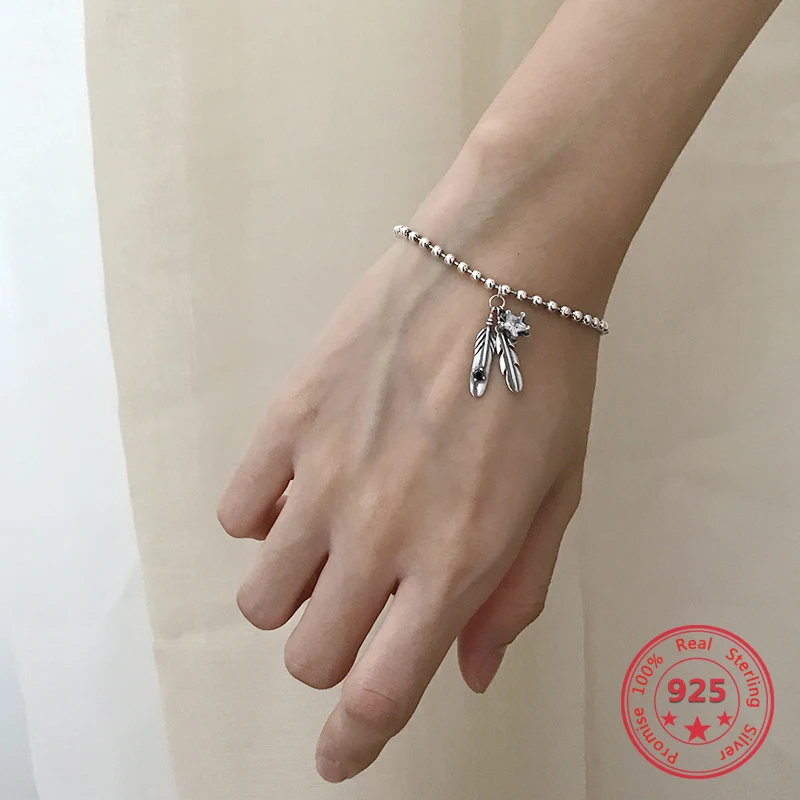 

2019 Korean New Fashion 925 Silver Beads Cahins Zircon Star Feather Bracelets Women Jewelry