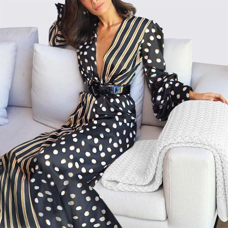 

2019 Fall Boho Casual Office Lady Women Long Dresses Aline High Waist Stripe Polka Dots Print Female Travel Maxi Dress