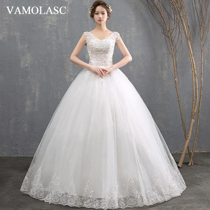 

VAMOLASC Crystal Deep V Neck Lace Appliques Ball Gown Wedding Dresses Sequined Tank Backless Bridal Gowns