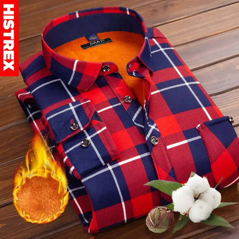 

HISTREX Fashion Mens Shirts Autumn Winter Thick Warm Fleece Plaid Male Print Social Shirt Long Sleeve Clothing Plus Size 3XL