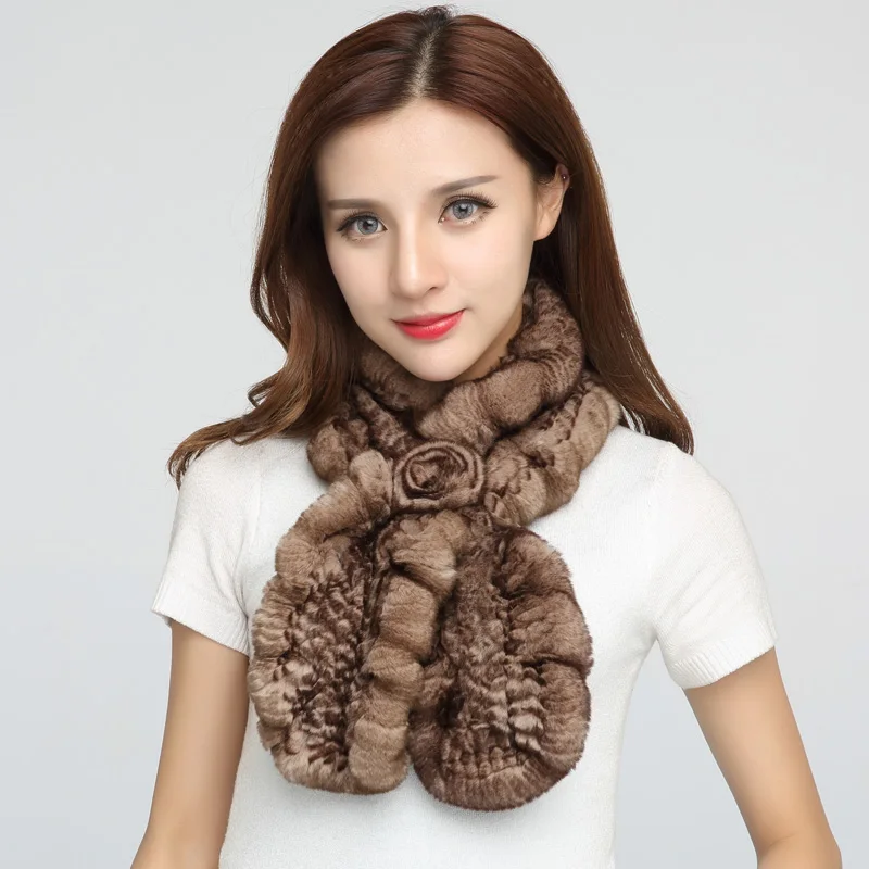 knitted rabbit fur scarf with flower (1)