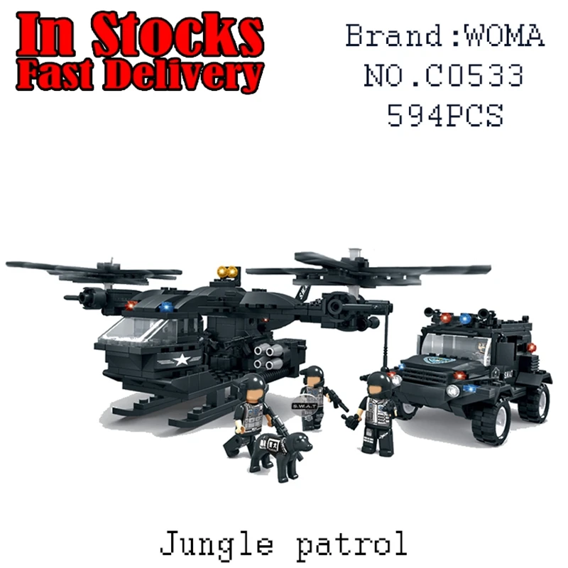 

WOMA Military Swat Team Osprey & Wrangler Jungle Patrol C0533 594PCS Building Block Brick educational toy for children brinquedo