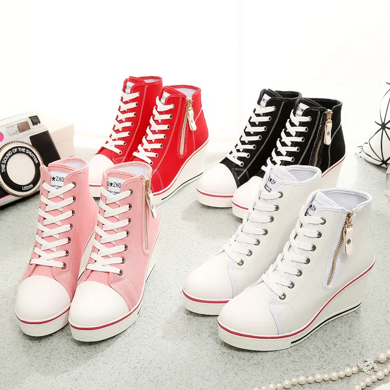 

2019 Women Shoes Hidden Wedge Invisible Heel Zip Shoes Women Casual Shoes Canvas Lace Up High Top Breathable Platform Sneakers