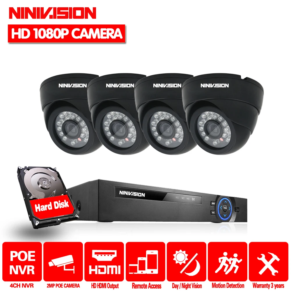 Система видеонаблюдения NINIVISION 4 канала 1080P POE NVR | Безопасность и защита