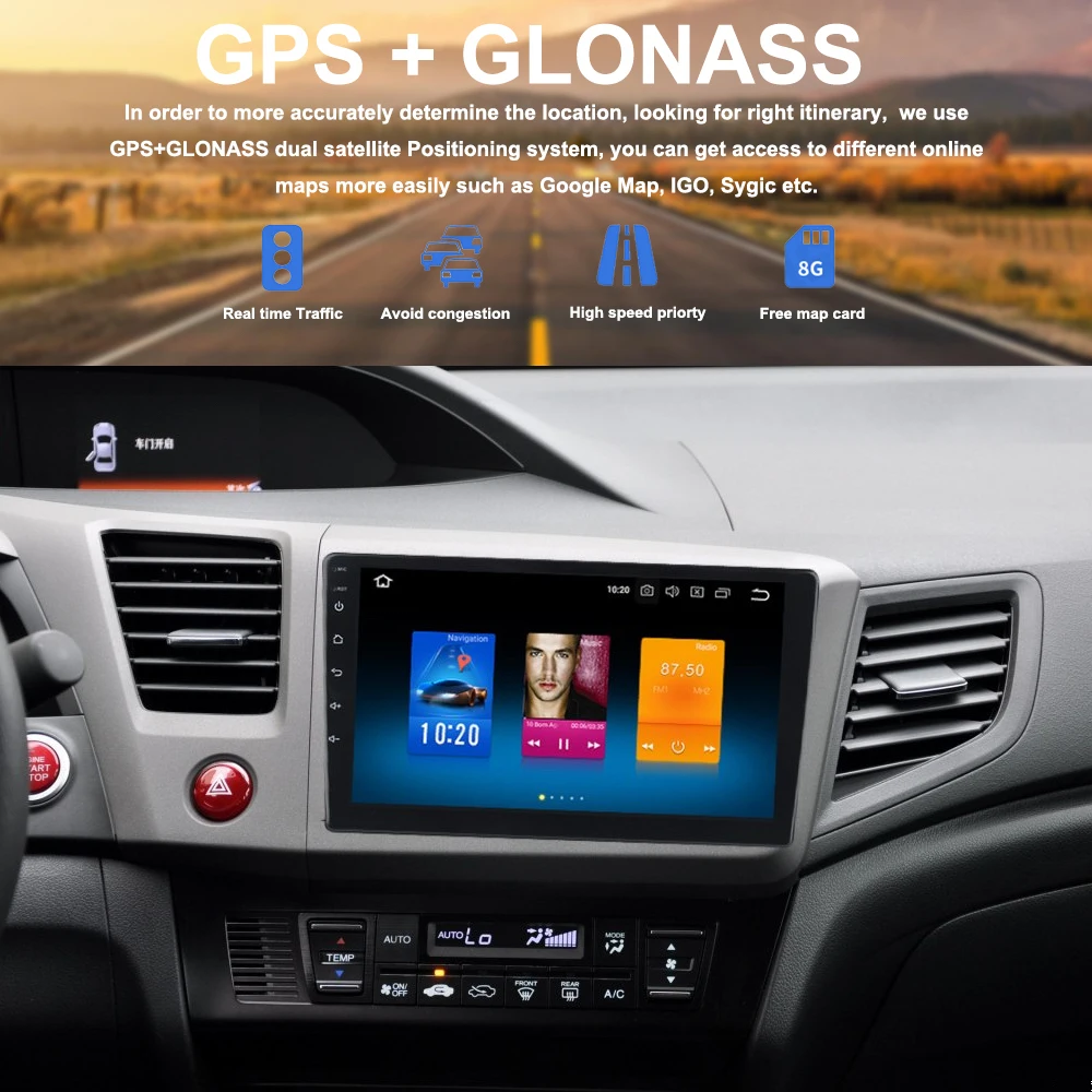 

9" 2.5D IPS Screen Car Multimedia 1 din GPS Radio for Honda Civic 2012 2013 2014 Android 9.0 Navigation 8-Core Free Map WIFI USB