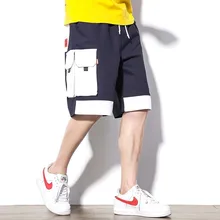 Мужские шорты в стиле хип-хоп с накладной карман, мужские шорты Harajuku, Короткие штаны для уличного бега, военные Мешковатые повседневные хипстерские шорты с черной лентой