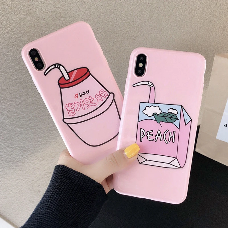 

GYKZ Cartoon Fruit Peach Drinks Phone Cases For iPhone XS MAX XR X 7 8 6 6s Plus Milk Box Soft Silicone Back Cover For iPhone X