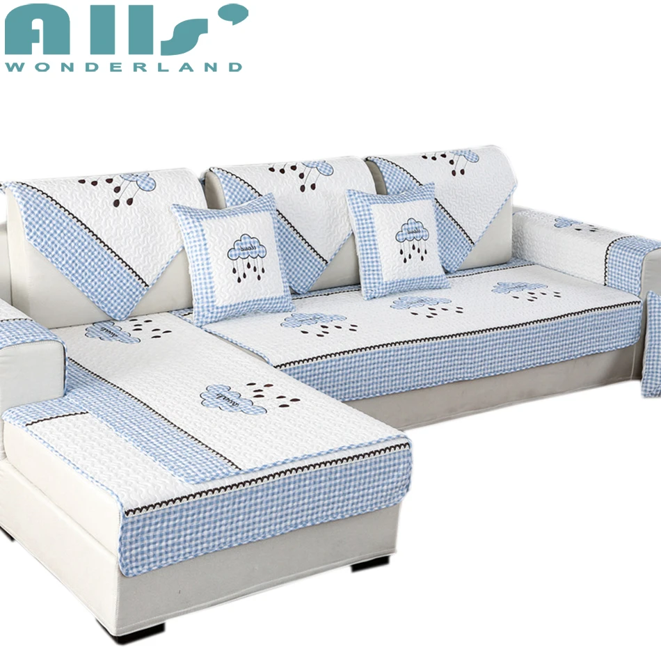 100 Cotton Blue and White 1pc Sectional Sofa Cover For Living Room