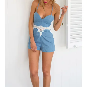 

2019 Summer Women V-Neck Sexy Rompers Skinny Elegant Hollow Out Bodycon Jumpsuit Lace Patchwork Club Playsuit