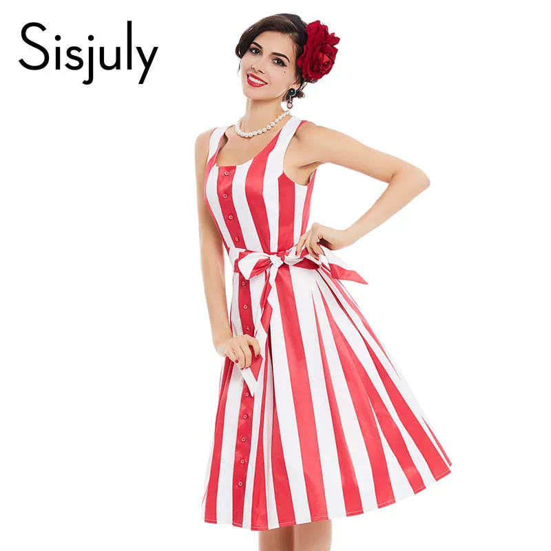 Sisjuly women luxury vintage dress pin up red vertical stripe retro dresses bowknot blet summer