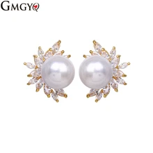 GMGYQ корейский модный цветок из розового золота кубического циркония серьги с белым жемчугом для женщин модные ювелирные изделия женские аксессуары