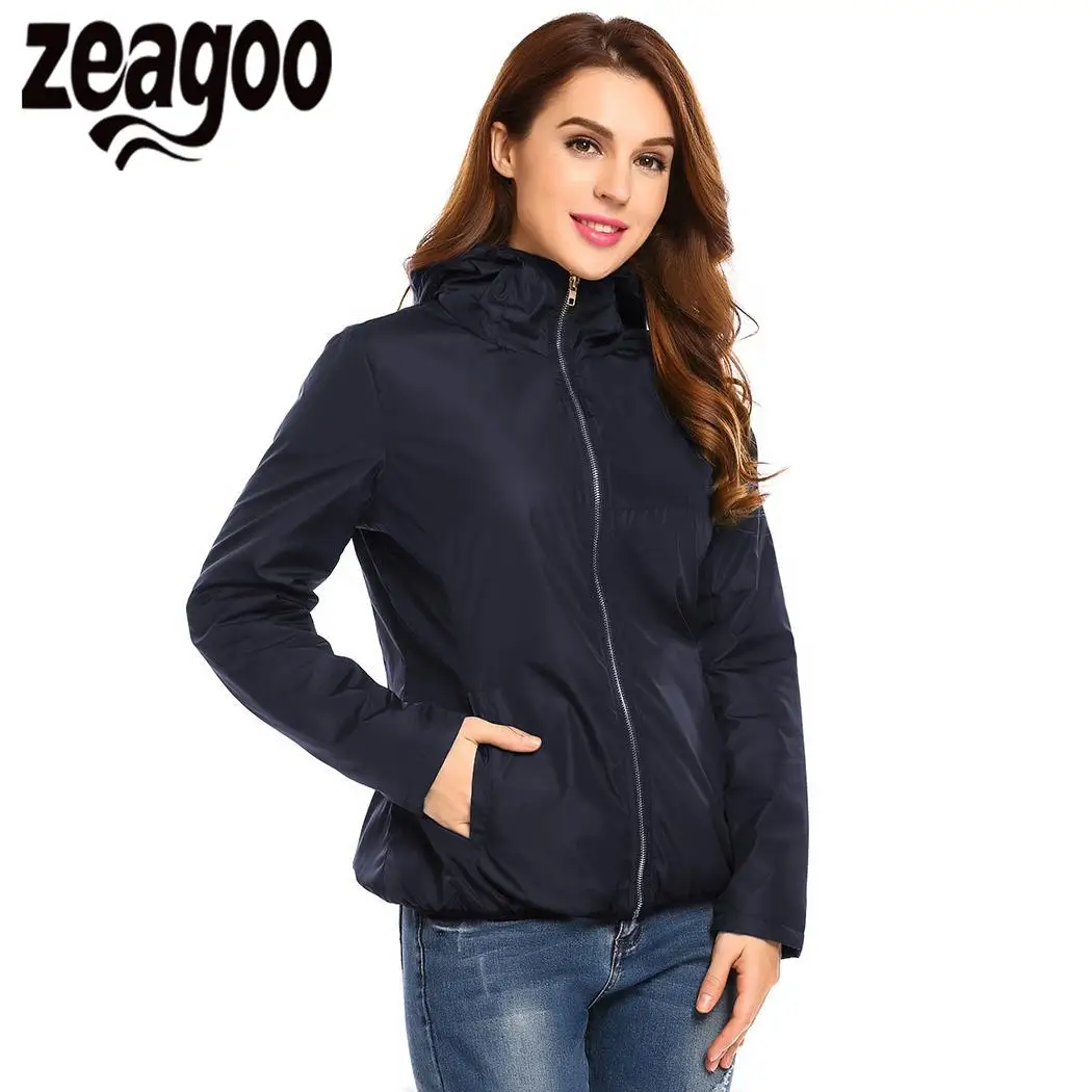 None Solid Lightweight Hooded Full Zip Women Slim Fit Casual Quilted Jacket w/ Pocket Coats