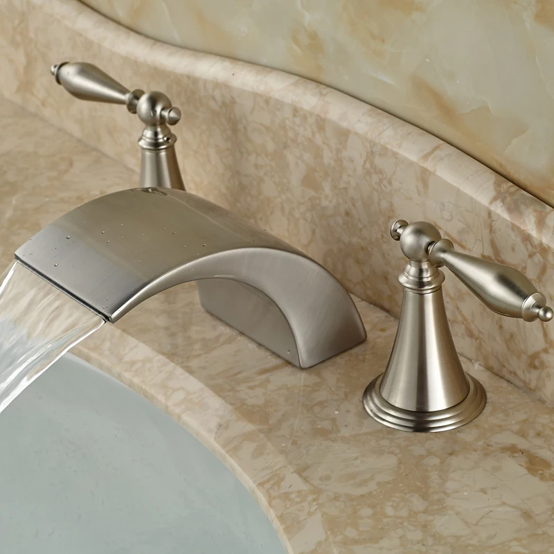 

2016 Hot Sale Wash Basin Sink Mixer Faucet with Hot Cold Water Taps Two Handles Brushed