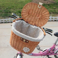 Cesta para bicicleta de mimbre Vintage con tapa, bolsa para manillar, cesta para bicicleta de ciclismo, accesorios para comprar bicicleta