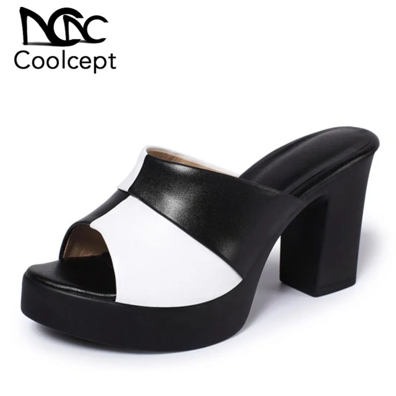 

Coolcept Fashion Women Real Leather High Heel Sandals Mixed Color Peep Toe Thick Heel Slippers Summer Vacation Shoes Size 34-41