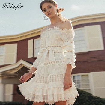 

Halinfer 2018 New summer women dress sexy bodycon slash neck ruffles dress elegant club celebrity party beige dresses vestidos
