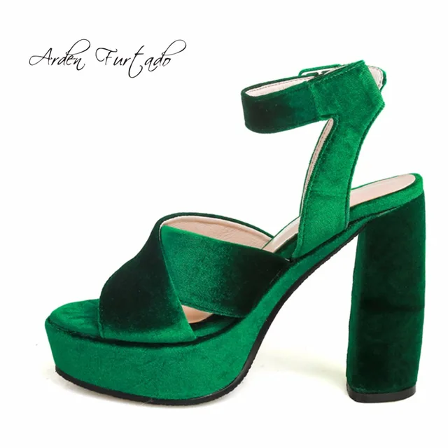 new 2017 summer shoes for woman velvet sandals 13cm extreme square high heels plus size platform bule green red ankle-wrap shoes