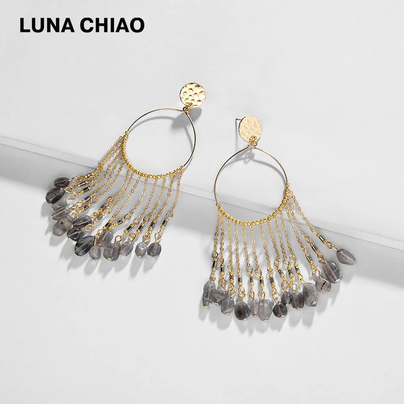 LUNA CHIAO модные ювелирные изделия Bijoux Натуральный Камень Висячие серьги летние Необычные веер Bib массивные серьги