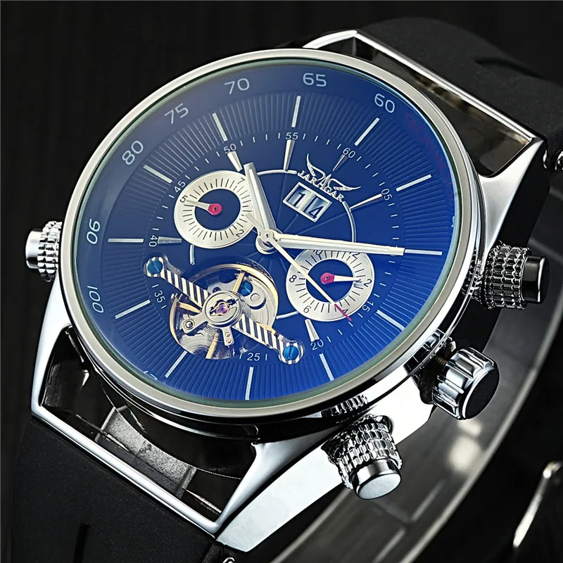 

Jaragar Mens Watches Top Brand Luxury Automatic Fashion Sport Watch Shark Lines Design Rubber Band Tourbillion Display Calendar