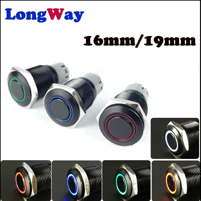 

16mm black Metal push button momentary latching power switch button Waterproof Flat circular button LED light button 1NO1NC