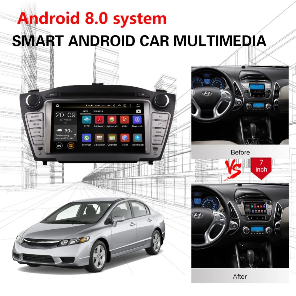 Top 7 Inch Android 7.1/8.0 Car Radio DVD Player Bluetooth For Hyundai Tucson IX35 2009 2010 2011 2012 2013 2014 GPS Navigation WIFI 2