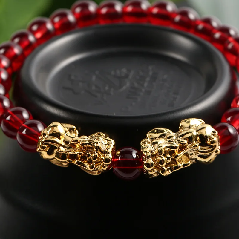 

New Yellow Stone PIXIU Bracelet Vintage 3D Red Garnet Beads Feng Shui Lucky Brave Wealth Bracelet for Women Men Bangles Gift