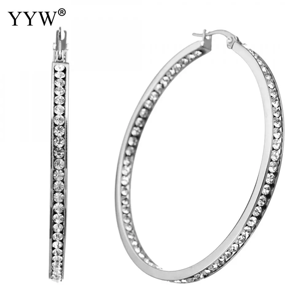 

YYW Stainless Steel Earring Rhinestone Crystal Circle Hoop Earrings Silver Color Hoop Earrings For Women Simple 50mm Big Circle