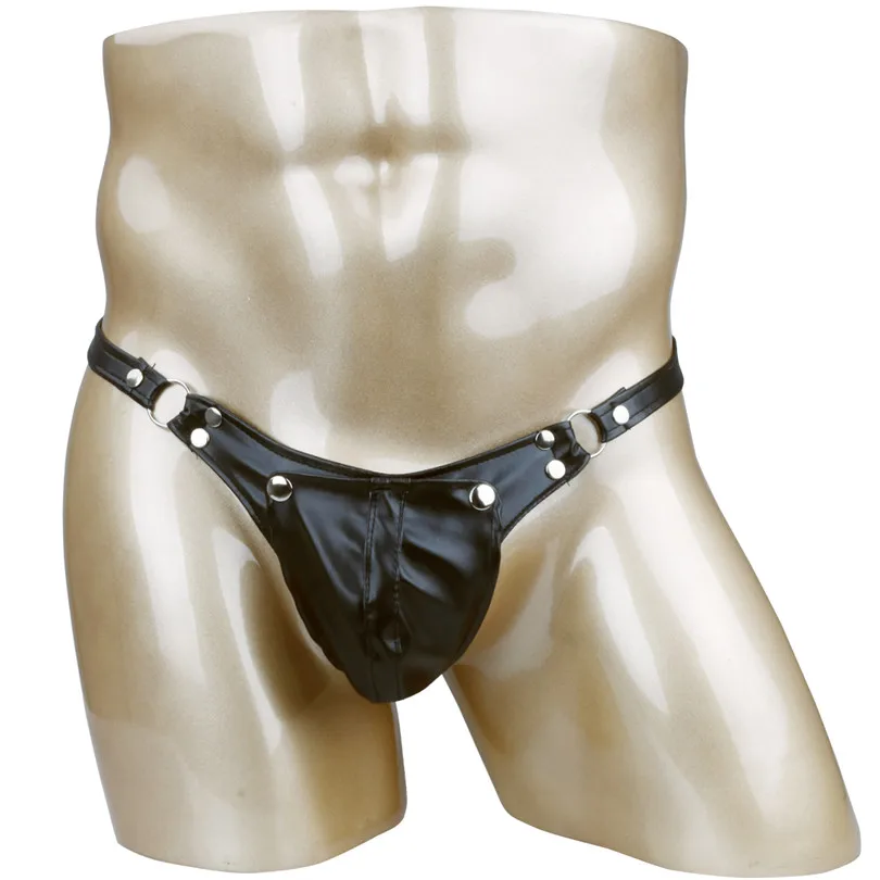 Sexy Mens Faux Leather Gay Male Underwear Buckled Bulge Pouch Briefs G-string Jockstrap Underwear with Sexy Hole men stretch g string panties men stretch thong underwear men patent leather briefs men lingerie briefs