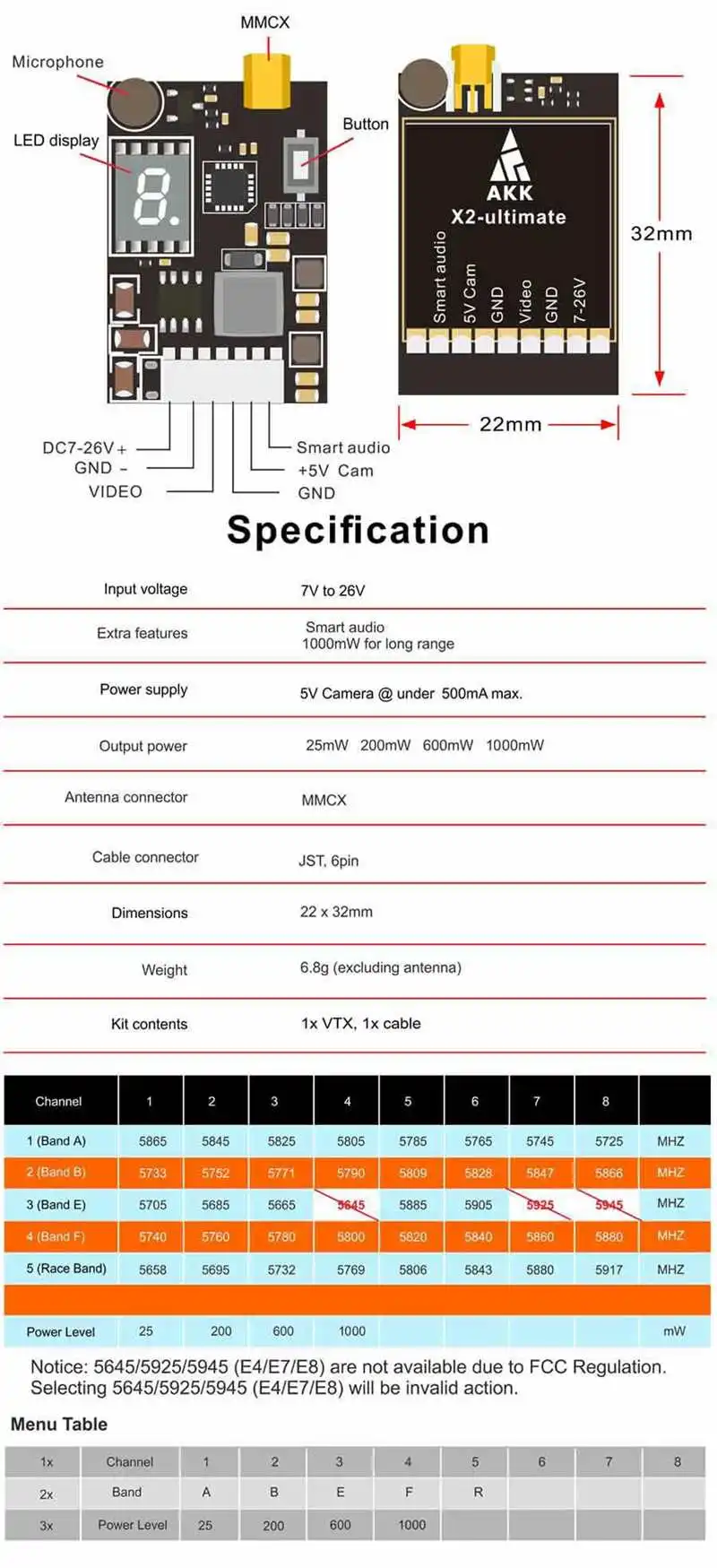 AKK X2-ultimate US 25 mW/200 mW/600 mW/1000 mW 5,8 GHz 37CH AV FPV передатчик VTX с умным аудио микрофоном для беспилотного мультиротора