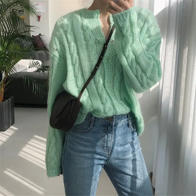 

Alien Kitty Autumn Lazy Style Fresh Cardigans Sweaters Vintage Loose All Match Simple High Street Full-Sleeved Knitted Sweaters