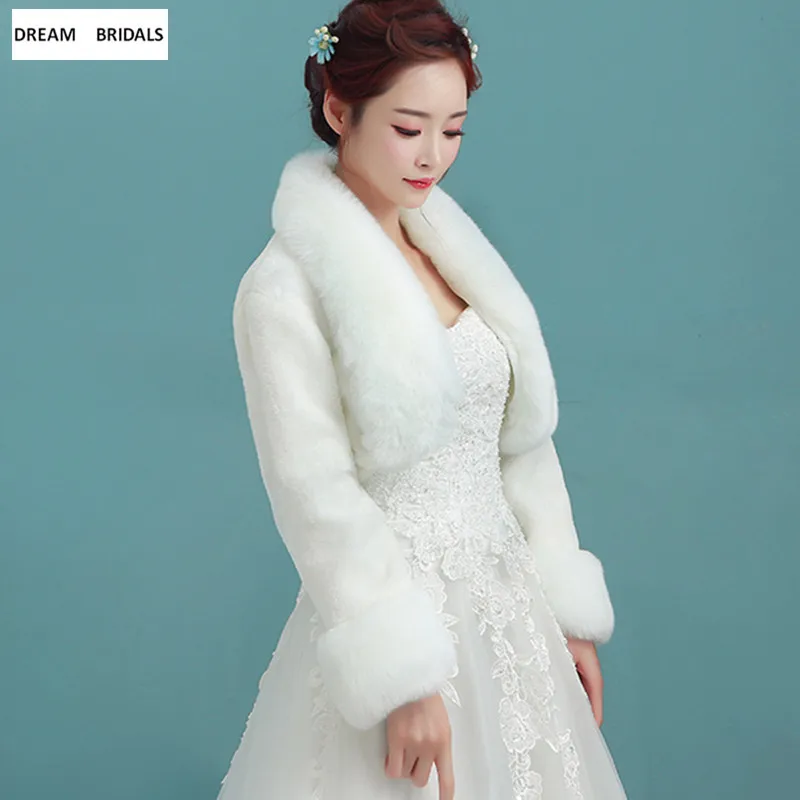 

High Quality Faux Fur Bolero Women Shawls Long Sleeves Ivory Wedding Bridal Wraps Winter Warm Solid Shawl