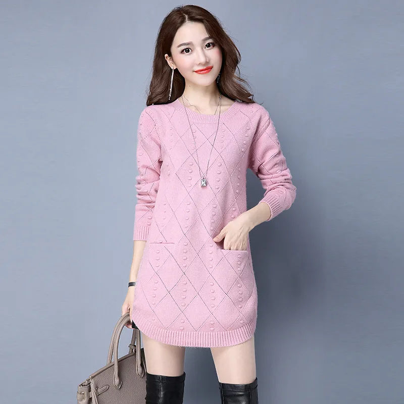 Online Nuevo Otoño Invierno mujeres suéteres de punto Pullover Color sólido cuello redondo de manga larga suéteres moda suelta Jersey de punto mujeres tapas