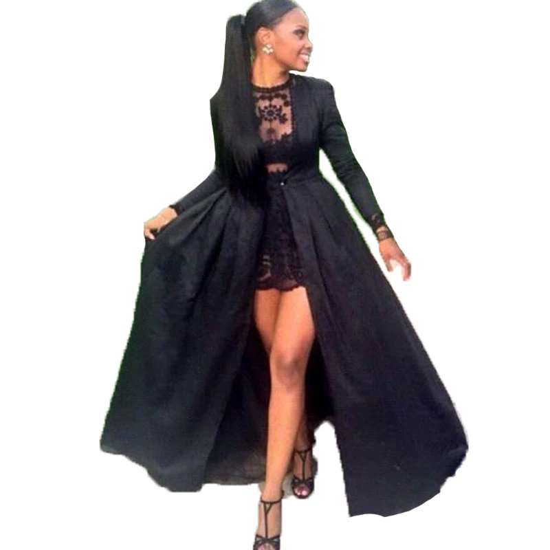 

Sexy Two Pieces See Through Black Lace Short Prom Dresses With Long Sleeves Detachable Coat Floor Length Evening Pageant dresses