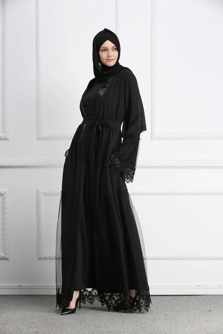 Мусульманин кружева Абаи Гренадин Черный Длинные платья кардиган-кимоно длинные халаты Jubah Ближний Восток Рамадан Арабский исламский