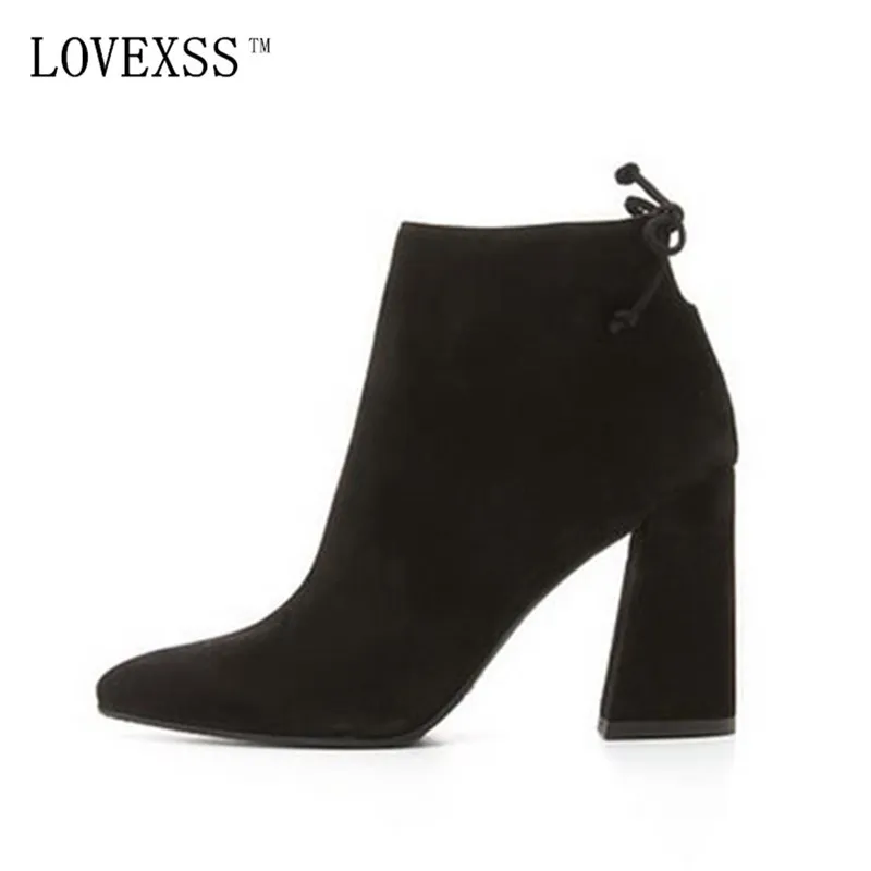 

LOVEXSS Full Grain Leather Ankle Boots 2017 Latest Sexy Black Gray Nubuck Leather Woman Shoes 8.5 CM With Crude High-heeled Shoe