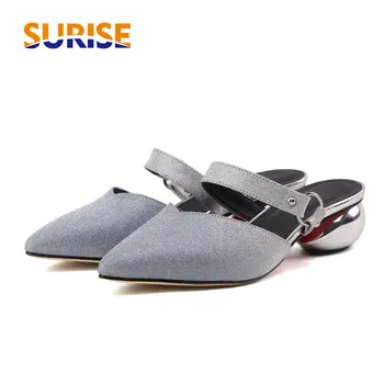 

Summer Glitter PU Women Mules Medium Strange Block Heels Pointed Toe Slip-on Pumps Sexy Silver Red Casual Party Ladies Slippers