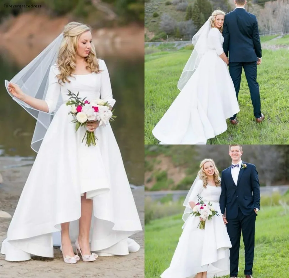 Simple Vintage Cheap Bohemian Beach Wedding Dresses 12 Sleeves Hi-Lo Scoop Neck Wedding Dresses Bridal Gowns robe de mari茅e  148
