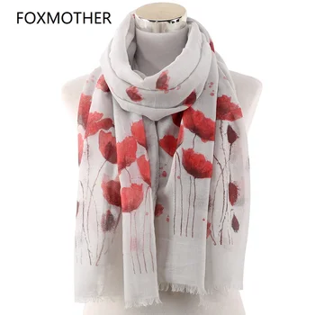 FOXMOTHER New Poppy Print Long Scarf Beach Wrap Ladies Stole Shawl Poppy Scarf Floral Echarpes Foulards Femme Gifts casual poppy print voile scarf