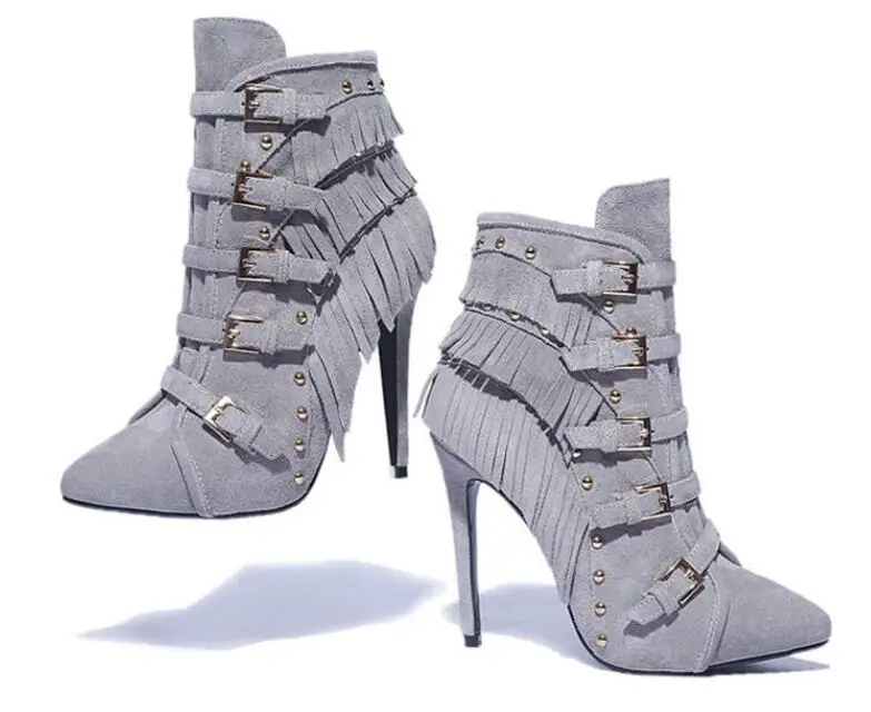 

Hot Fashion All Kinds of Colour Genuine Leather zip Pointed Toe Shoes Thin Heels Rivet Shoes Fringe Platform Women's Boots
