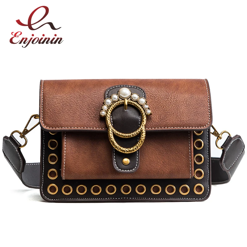 Pearl decorative buckle metal rivets pu leather fashion women's