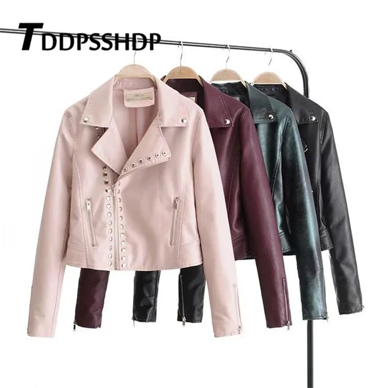 

2019 New Spring Pu Leather Women Coat Rivet Streetwear Basic Black Burgundy Pink Color Female Jacket