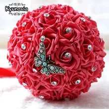 Kyunovia Простая Бабочка Броши Свадебный букет подружек невесты PE Пена Розы Свадебные Цветы Стразы Свадебный букет FE33