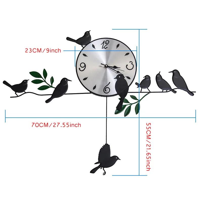 Hierro pájaros péndulo silencioso cuarzo relojes 3D Reloj de pared para la decoración del hogar Hogard Hierro pájaros péndulo silencioso cuarzo relojes 3D Reloj de pared para la decoración del hogar Hogard